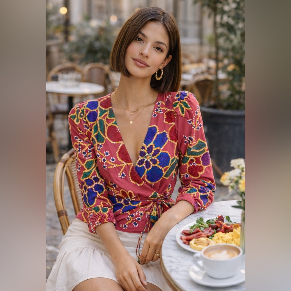 NWT FARM Rio Multicolor Floral Wrap Blouse Sz XS